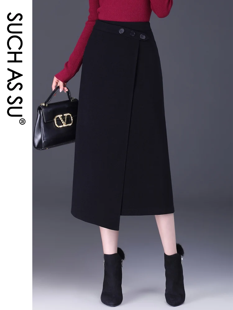 SUCH AS SU Autumn Winter Button Skirts Women 2023 Black Coffee Woolen Asymmetrical Split High Waist S-3XL Size Mid Long Skirt coffee table high gloss white 150x50x35 cm chipboard