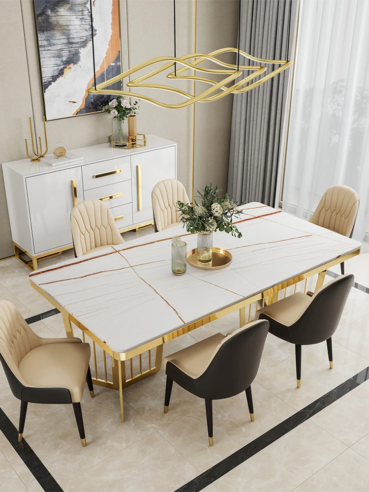 

Post-modern marble luxury dining table and chair combination Simple modern dining room rock plate small family dining table