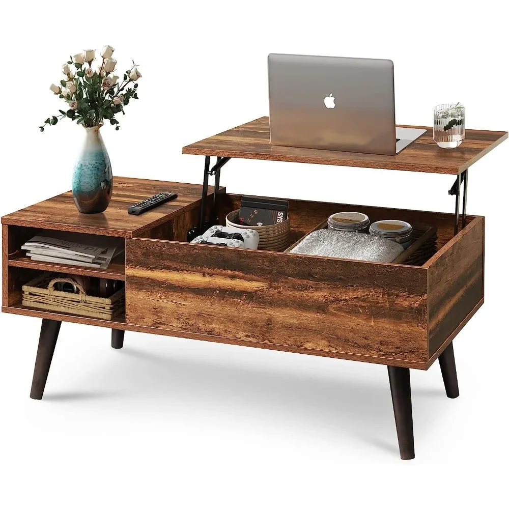 Wood Lift Top Coffee Table with Hidden Compartment and Adjustable Storage Shelf, 1