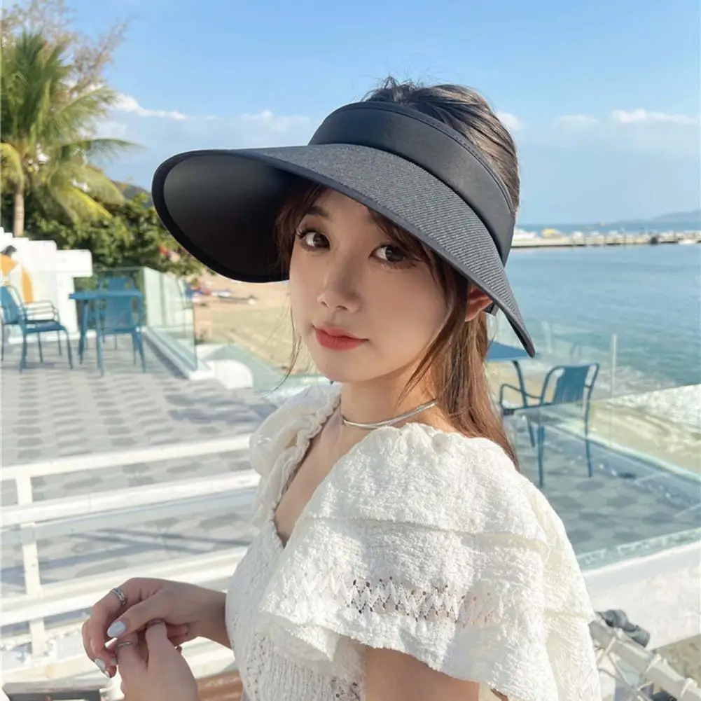 Sun Hat Breathable Empty Top Wrap Type Adjustable Buckle Double Layers Sun proof Foldable Women Wide Brim Straw Visor Hat Ou