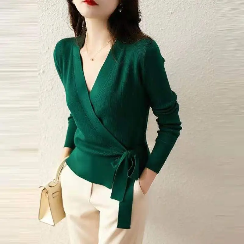 

Autumn Lace-up Cardigans Women Elegant Lady Mature Temperament Solid Simple New Spring Knitwear Chic V-neck Soft Casual Sweaters