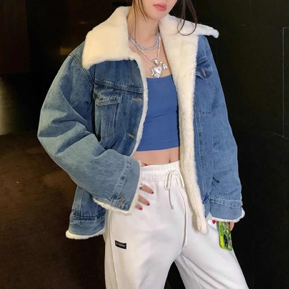 UETEEY Denim Short Coat Female Plus Velvet 2023 Korean Version of The Loose and Thicker Frying Street Jacket 2023 hong kong version of everything street tide white ripped denim shorts men s casual trend summer scraped five points pants