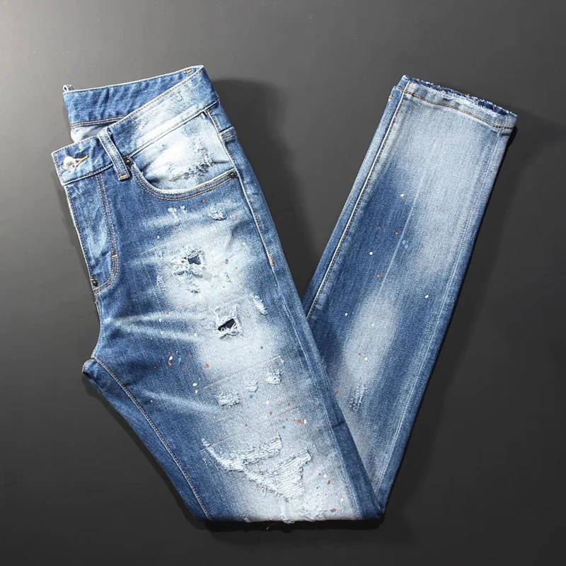 

Джинсы мужские в стиле ретро, рваные джинсы Slim Fit, простая стирка, эластичные брюки с заплатками, дизайнерские брендовые штаны в стиле хип-хоп, синие