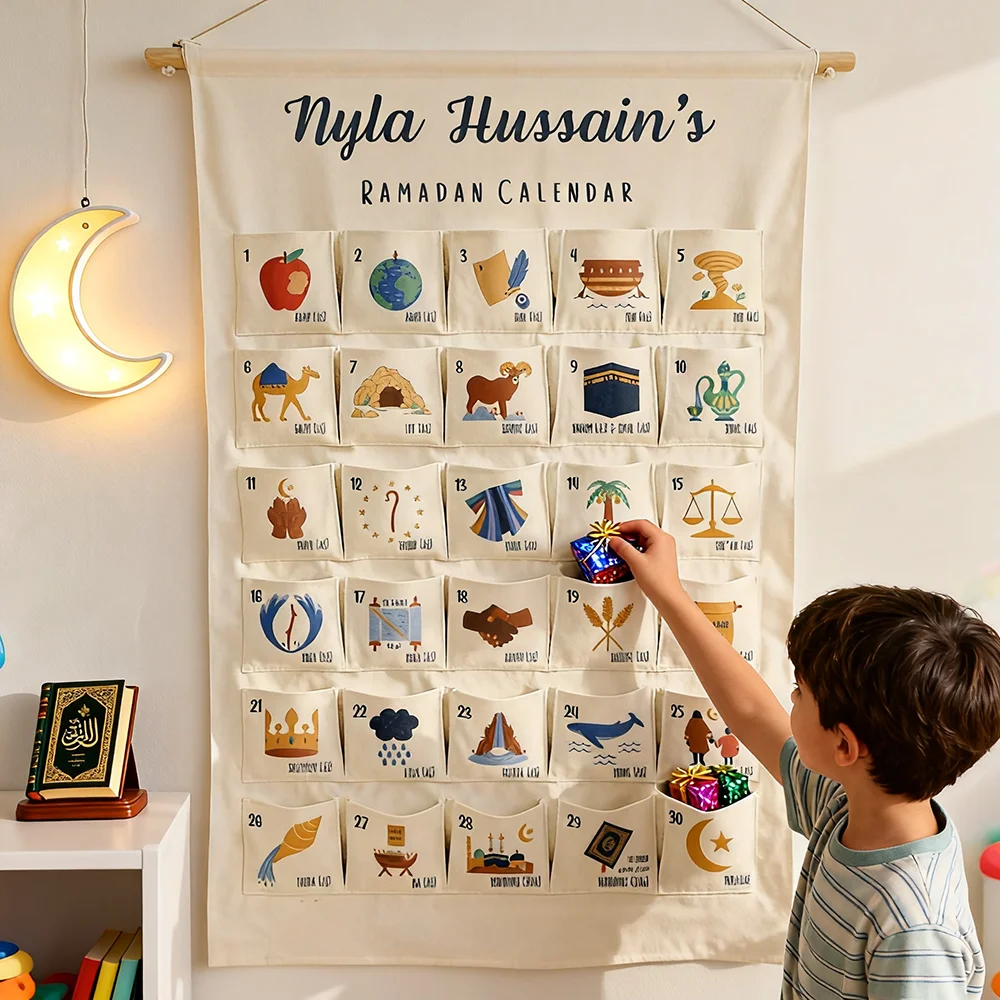 Personalisierter Ramadan 30-Tage-Adventskalender für muslimisches islamisches Kind, Junge, Mädchen, Kareem, Eid al Fitr, Wandbehang, Heimdekoration