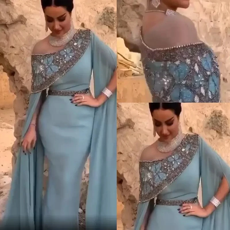 dark green prom dress Dusty Blue Off Shoulder Mermaid Prom Dresses Plus Size Arabic Sequined Beaded Evening wear Gown Poet Long Sleeves Formal Dresses rose gold prom dress Prom Dresses