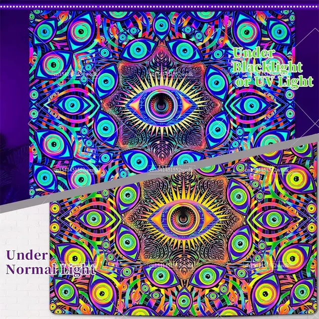 Blacklight Eyes Tapisserie Murale Réactive UV, Tapisseries Boho Mandala, Hippicopter, Trippy, Abstrait, Lumière Noire, Chambre 4