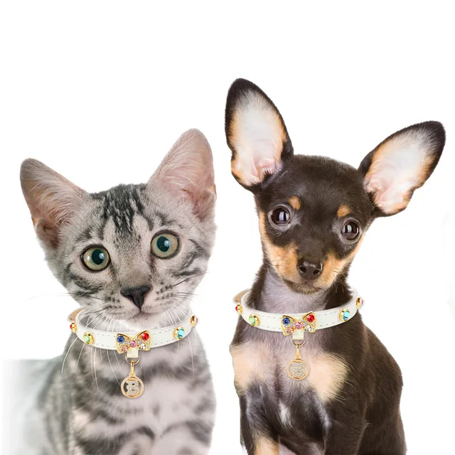 Luxury Diamond Puppy Collar Leather Pet Collar for Small Dogs Adjustable Necklace for Girl Dogs Cats with Rhinestone B Pendent 5