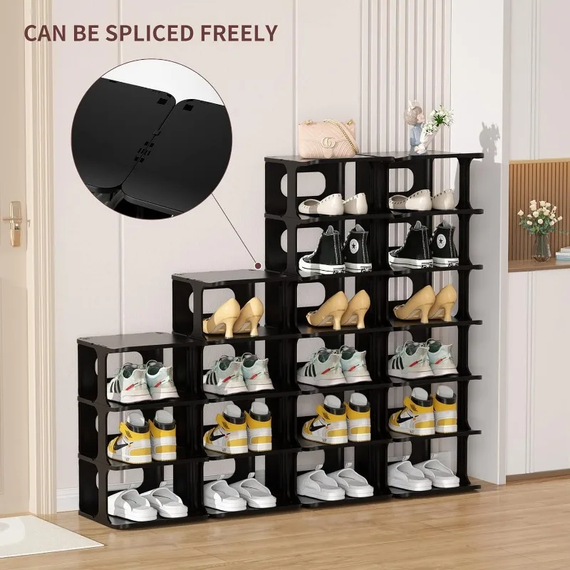 Plastic 14 Tier Storage Shoe Rack for Entryway Organizer for Closet Narrow Shelf Cabinet Black Free Standing Racks Vertical