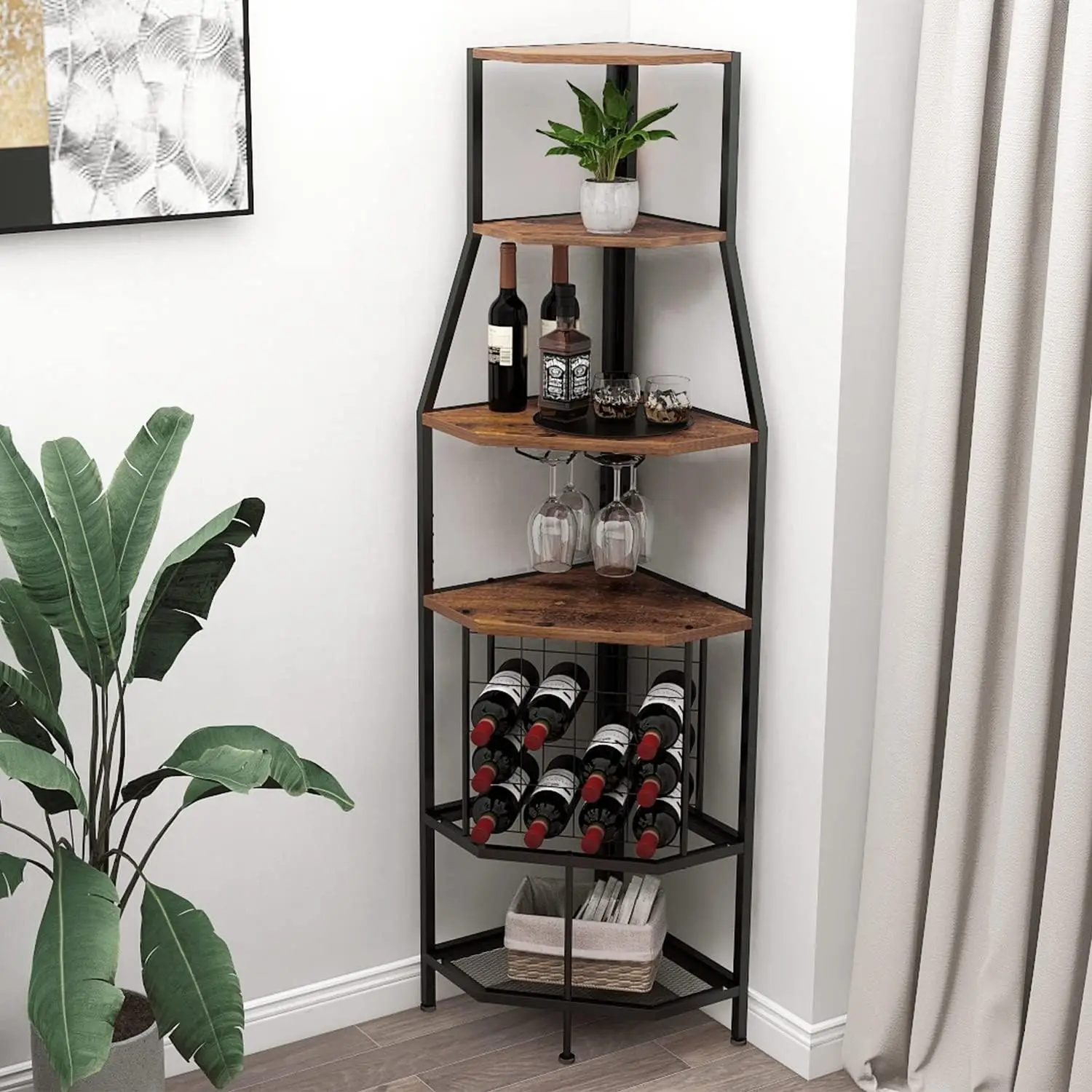 5-Tier Corner Wine Rack Freestanding Floor with Glass Holder and Bottles Wine Storage Home Bar Furniture for Home Kitchen Dinin