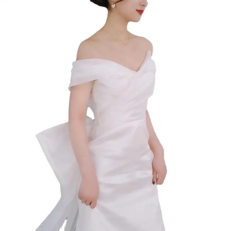 One Shoulder Light Wedding Dress Simple Backless Bride's Wedding Dress White Elegant Bow Trailing Dress Plus Size Customized 5