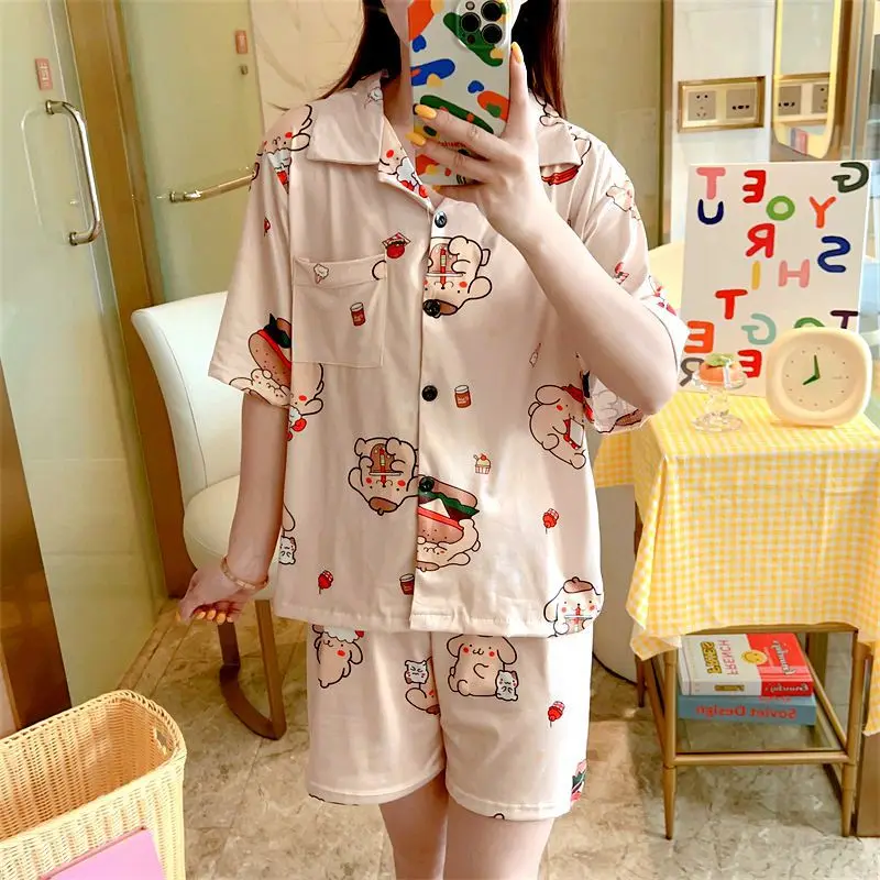 

Милая Домашняя одежда Sanrio с помпоном пурин для девочек, хлопковые летние модные повседневные штаны с принтом и короткими рукавами, пижама с героями мультфильмов