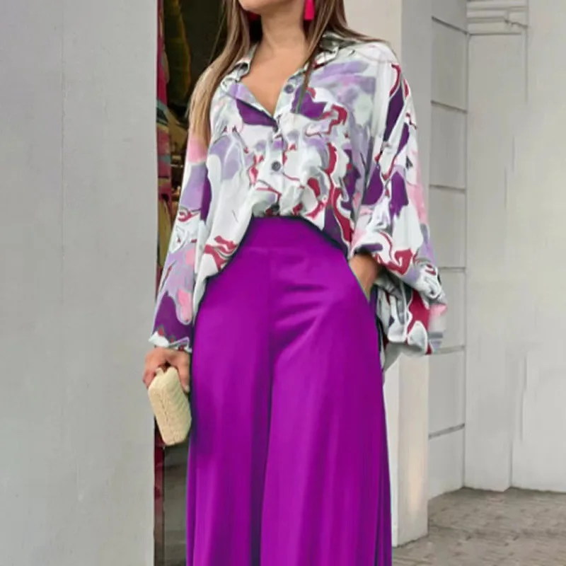 

Women Print Wide Leg Pants 2 Piece Set Casual Loose Lantern Sleeve Shirts Pants Suit Chic High Waist Trouser Female Blouse Suits