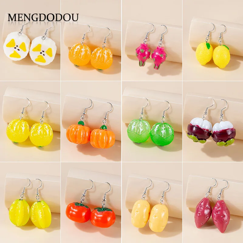 Boucles d'oreilles pendantes en forme de Aliments d'Halloween pour femmes et enfants, simulation de fruits, dessin animé, mangoustan, gels, citron, pomme de terre