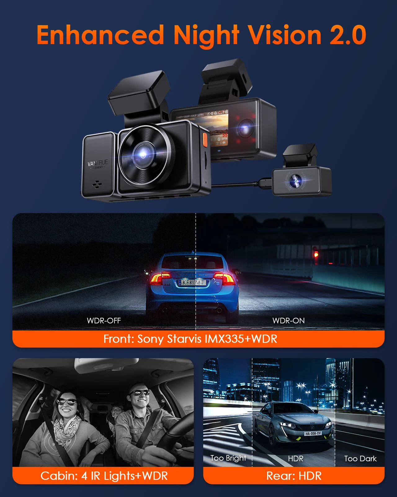 VANTRUE X4S Dashcam 4K+1080P/30FPS mit WiFi, Dual Dashcam Auto