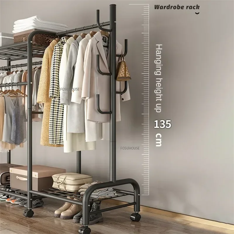 Floor-standing Clothes Hanger Wheels Bedroom Storage Clothing Rack Stand Home Balcony Clothes Drying Rack Pole Coat