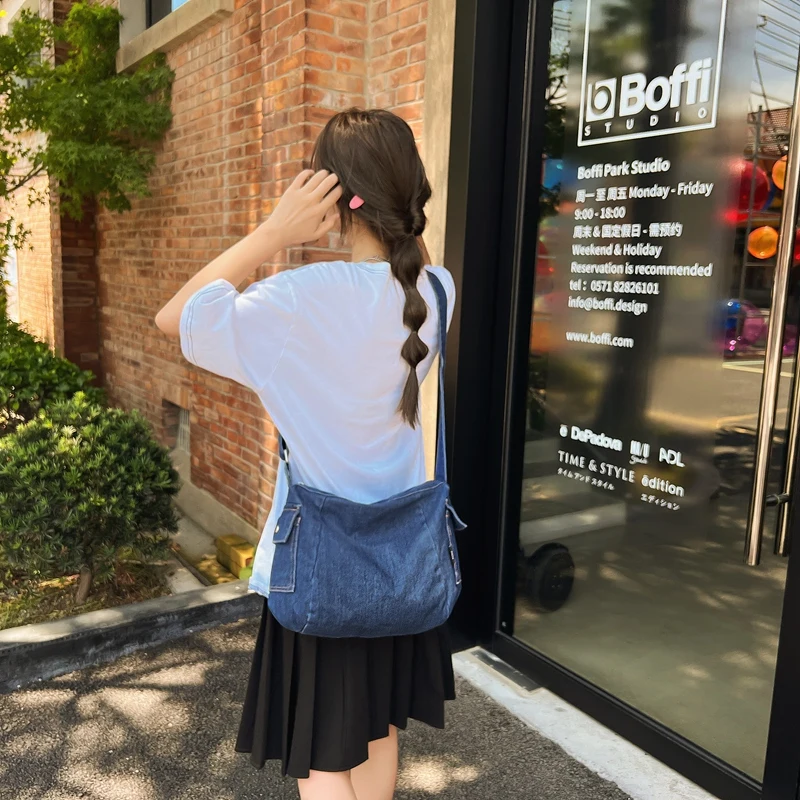 Solid Denim Women's Bag Jeans Messenger Bag Y2K Canvas Shoulder Bag Cross Eco Bag Korean Shopper Hobos College Handbags Satchel