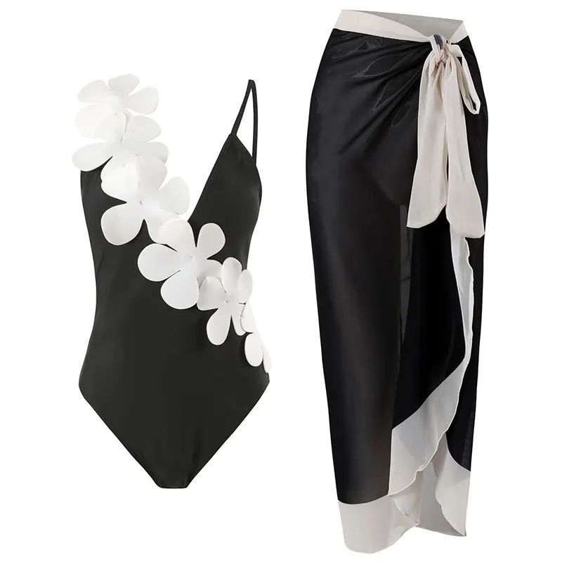

2024 3D Flower Retro One Piece Swimsuit Women Swimwear with Dress Skirt Sexy Bathing Suit Monokini Black Bodysuit Beach Wear