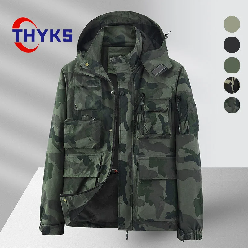 

Autumn Windproof Fashion Trench Coat Mens Outdoor Multi-pocket Detachable Cap Jacket Male Fashion Loose Camo Veste Homme Spring