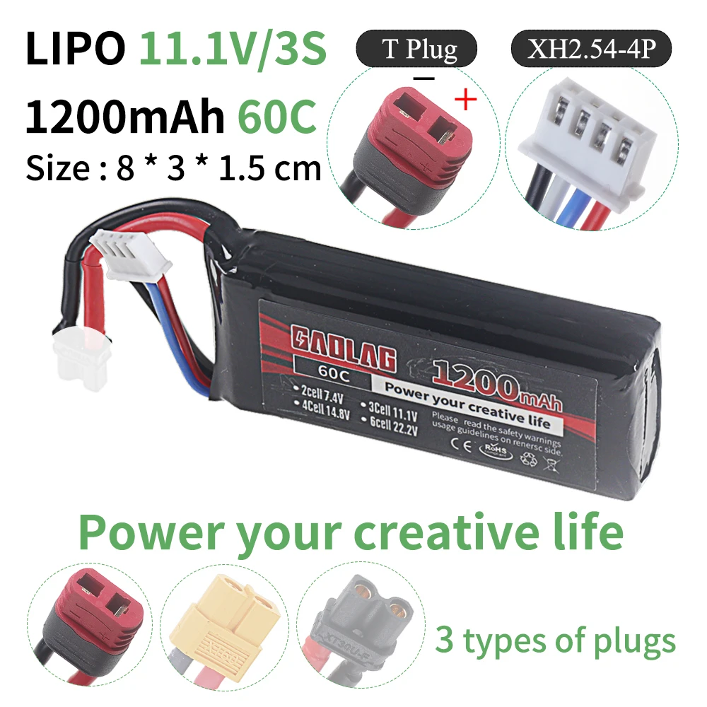 Batterie RC LiPo 3S 11.1V 1200mAh 60C avec câbles et prise, sur fond blanc