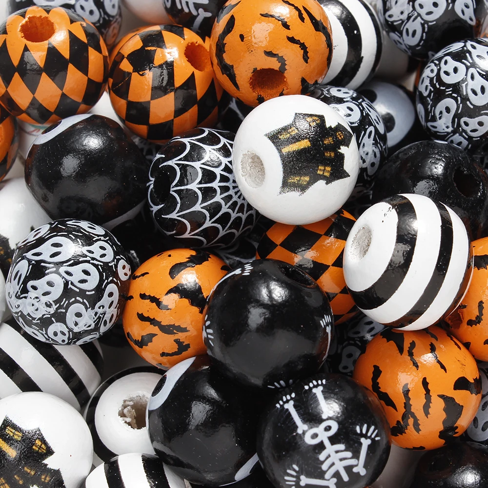 200 perline di legno di Halloween per braccialetti, perline da 15 mm, per fai da te, perline di legno con viso, Halloween, zucca, giocattoli
