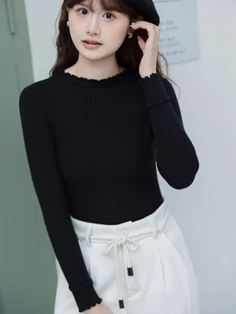 2025 المرأة محبوك سترة الخريف الشتاء طبقة قاعدة بسيطة القمم الخشب الأذن حافة الياقة المدورة طويلة الأكمام البلوفرات ملابس حريمي 2