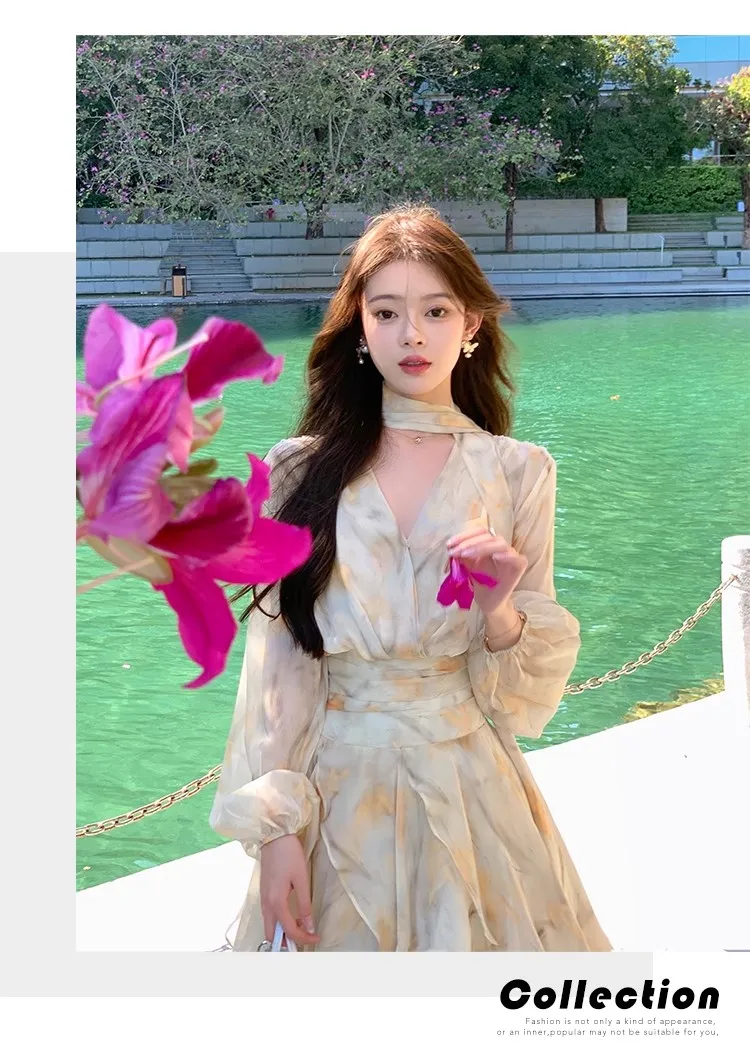Elegant Chiffon Short Dresses for Women V-neck Lantern Sleeves Ruffles A-line Summer New Holiday Style Printed Vestidos Mujer