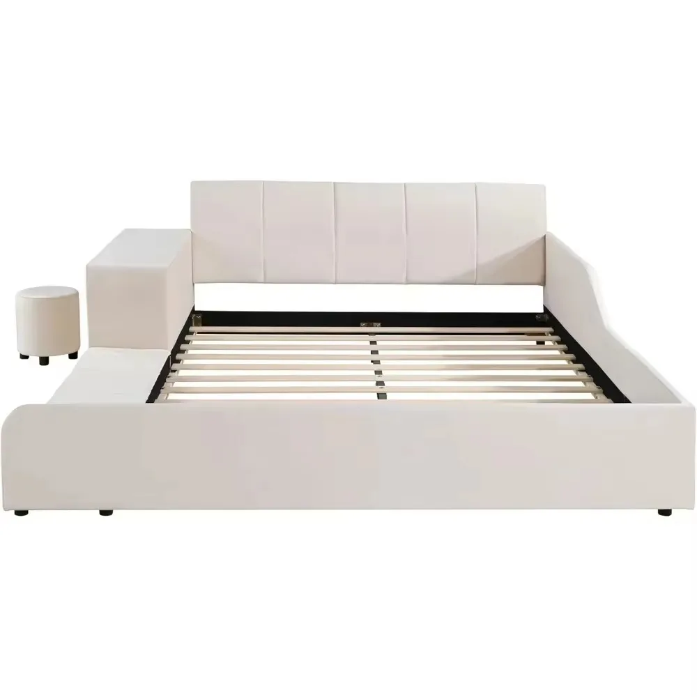 Beds Upholstered Grounded Bed with Bedside Desk and Stool, Co-Sleeping Bed with Upholstered Headboard Italian Style Modern Beds 4