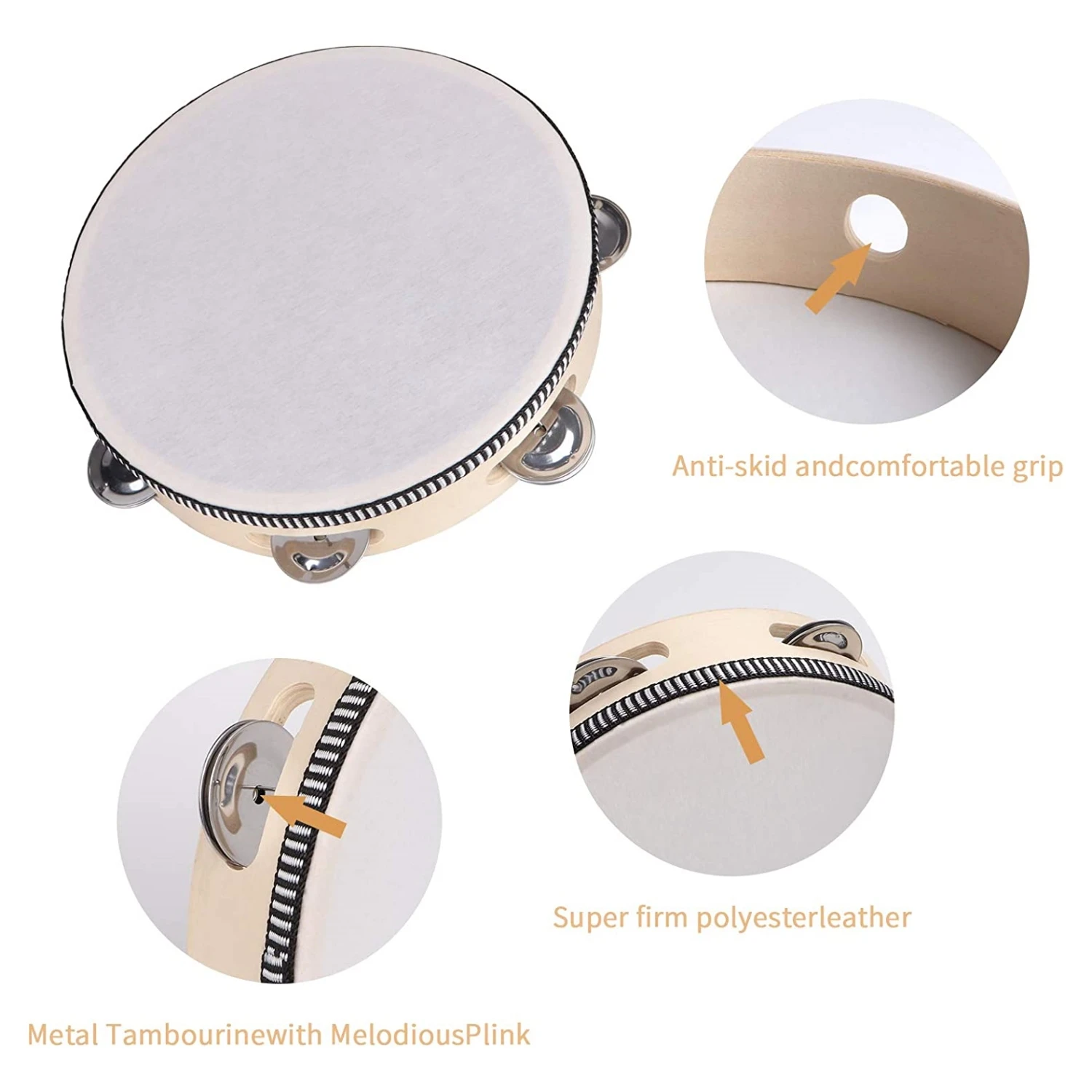 Tambourine for Adults 4 6 8 10 Inch Hand Held Drum Bell Birch Metal Jingles Percussion Gift Musical Educational Instrument