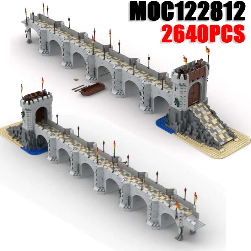 

MOC Medieval Military Castle Bridge Building Blocks Defensive Wall Abutment Middle Age Gate Flag Construction Bricks Toys Gift