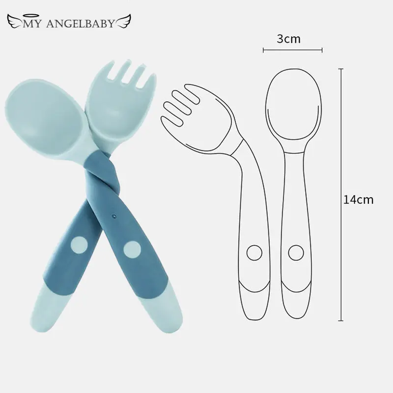 Silicone Spoon Fork 2PCS for Baby Utensils Set Auxiliary Food Toddler Learn To Eat Training Bendable Soft Fork Infant Tableware silicone cutlery set baby feeding spoon
