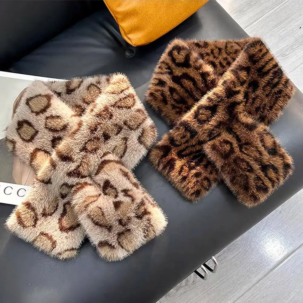 Fashion Leopard Print Cross Scarf Winter Thicken Warm Faux Rabbit Fur Collar Scarf Windproof Soft Winter Scarf Neck Warmer Hot