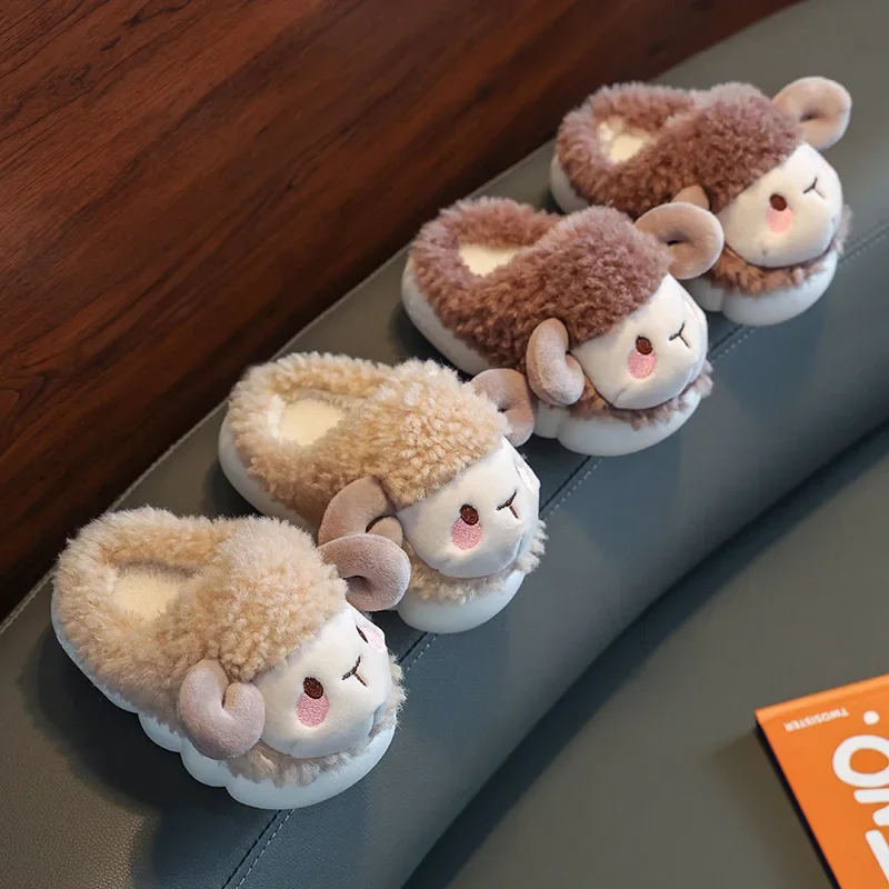 Cute Goat Graphic Home Slipper for Boy Girls Winter Warm Plush Kids Slippers 3-10Y Children's Soft Sole Girls Shoes 3