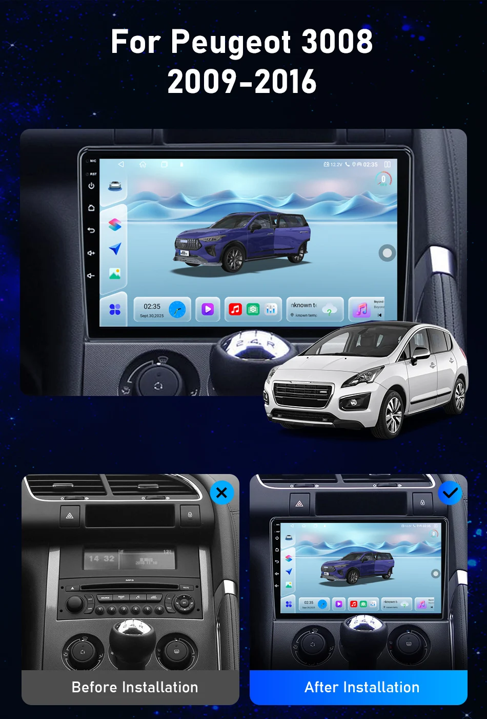 Srnubi Android 14 Autoradio für Peugeot 3008 2009-2015 Auto-Multimedia-Player Carplay Android Auto 4G 2Din Navigations-Haupteinheit – Detail 2