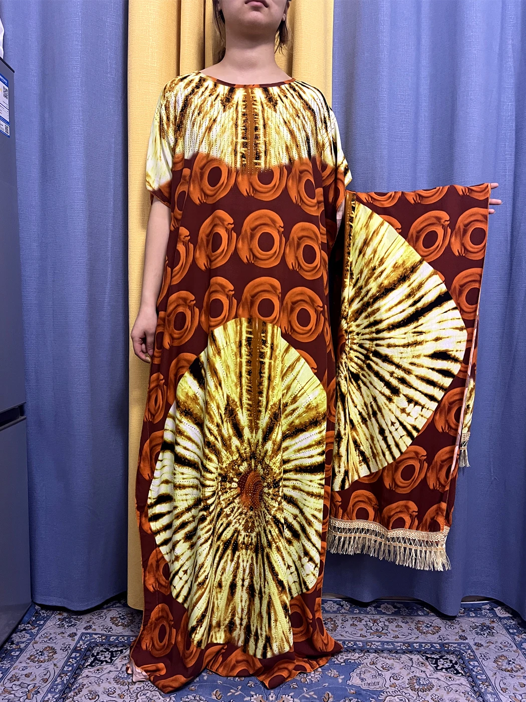 Muslim Abayas For Women 2023 Fashion Pinted Cotton Short Sleeve African Islam Woman Dresses Loose Femme Robe With Lace Headscarf