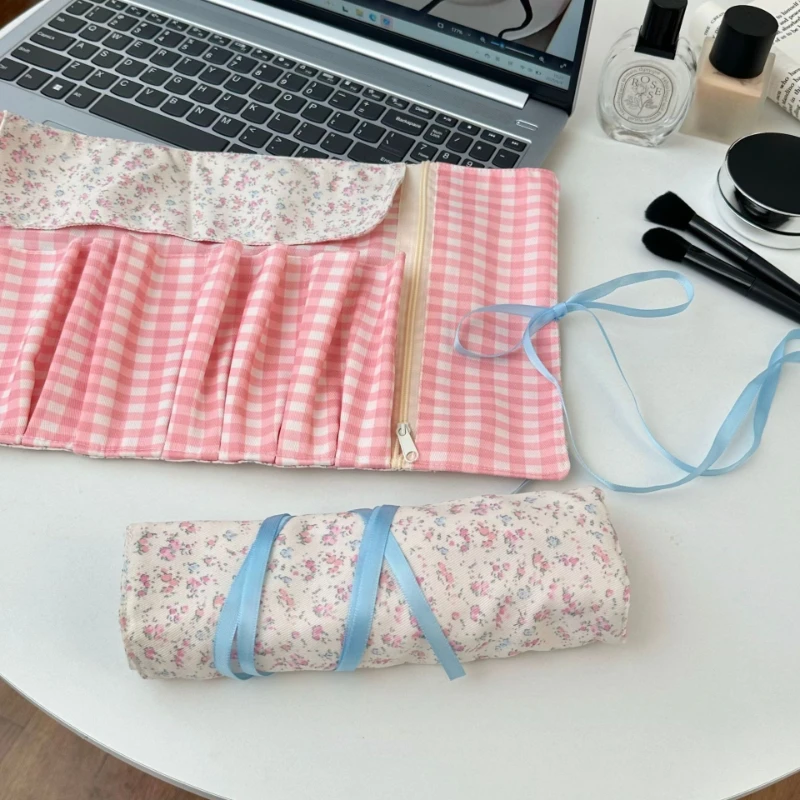 아이들을위한 미적 봄 꽃 롤업 연필 가방 소녀 핑크 베이지 휴대용 학생 연필 주머니 대용량 펜 주최자