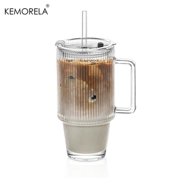 KEMORELA Tazza da caffè in vetro a righe da 700 ml con coperchio, cannuccia e manico, bicchieri trasparenti per tazze da caffè ghiacciate con succo di mango 1