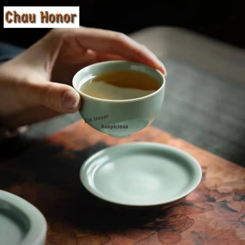 60ml Azure Ru Kiln Porcelain Teacup Handmade Tea Bowl Cup Saucer Kit Tea-tasting Meditation Cup Jianzhan Master Cups Teaset