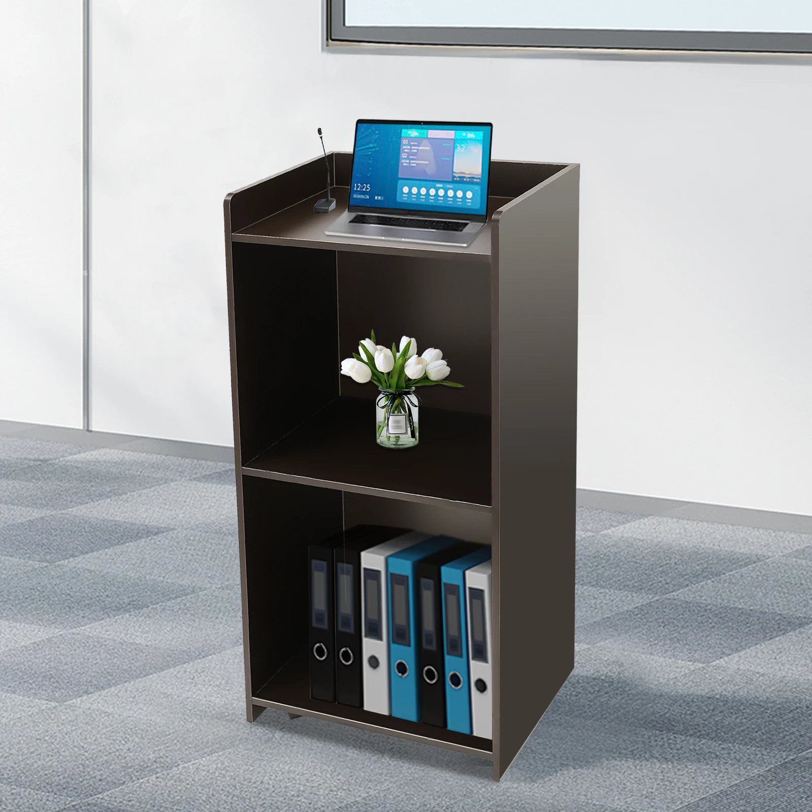 Wood Portable Podium Stand Reception Desk Lectern with Mobile Wheels Storage Shelf 22.6 * 14.5 * 41.3" Churches Podium