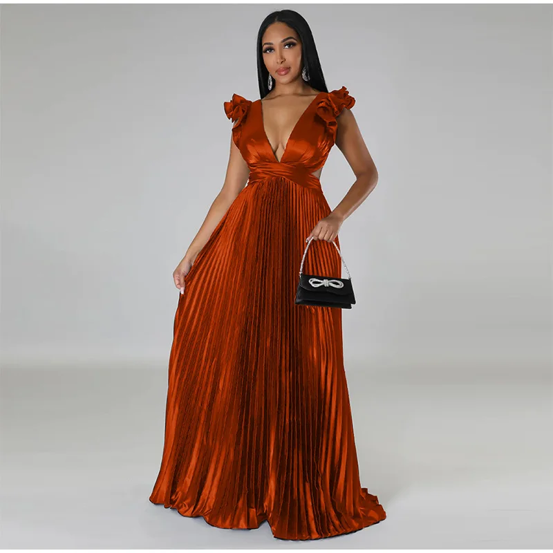 Women Solid Backless Elegant Long Dresses V-neck Pleated A-line Sexy Frock 2023 Spring Summer Evening Party Casual Style Dress