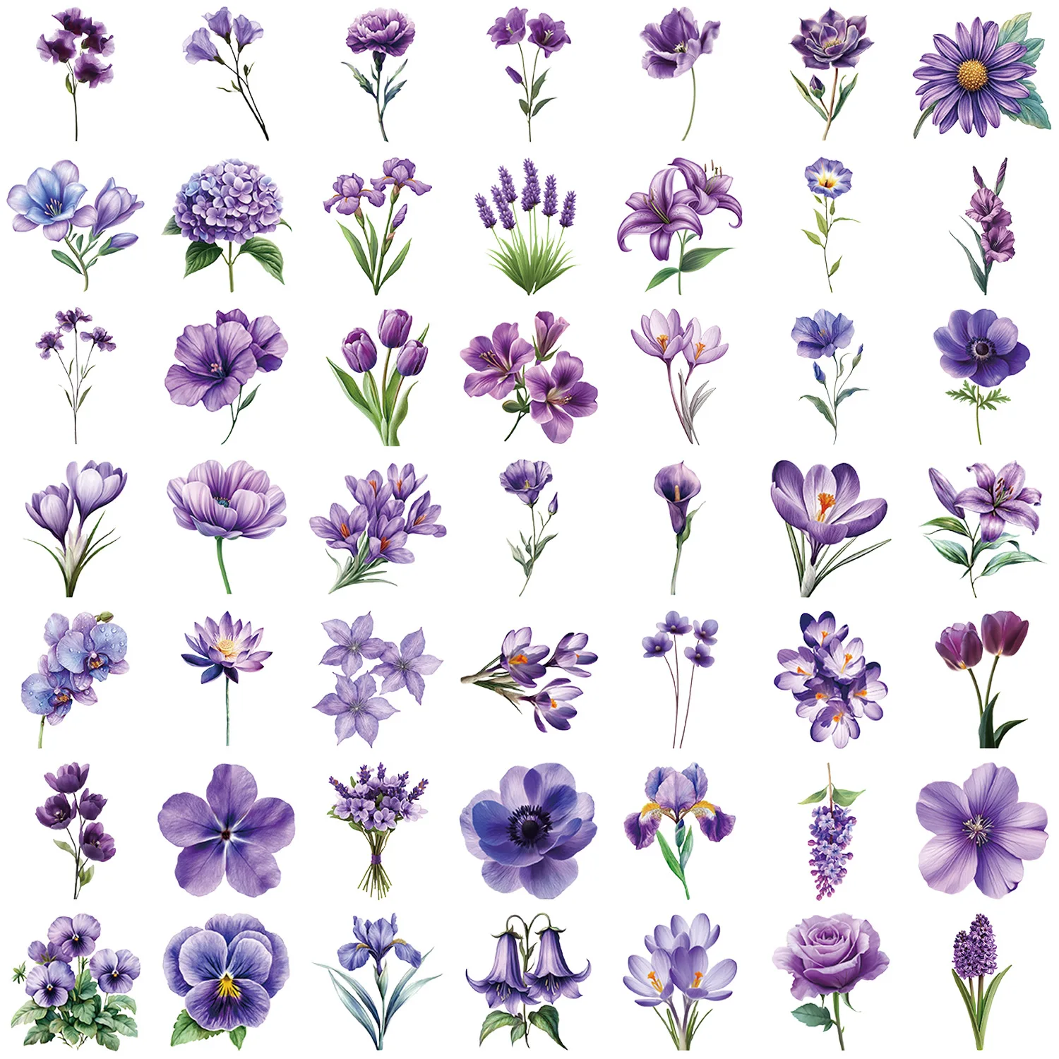 50pcs Cartoon Purple Flower Series Waterproof PET Stickers DIY Scrapbooking Decoration Phone Case Water Bottle Stickers
