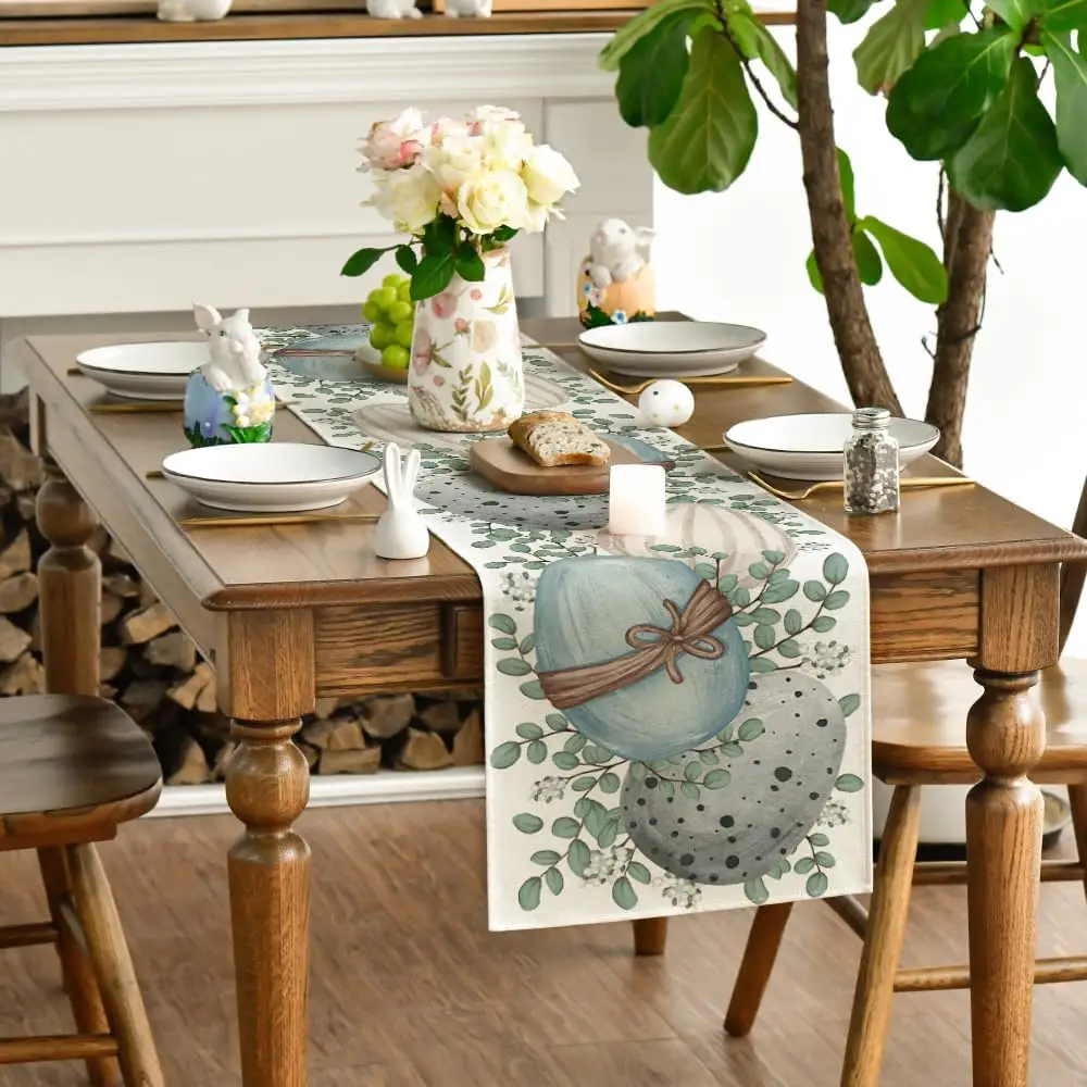 Eucalyptus Egg Easter Linen Table Runner Spring Farmhouse Kitchen Dining Table Decor for Indoor Outdoor Home Holiday Party Decor 3