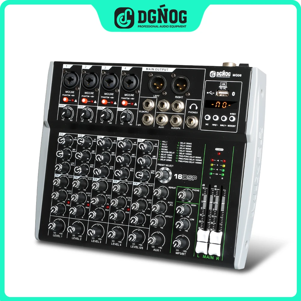 DGNOG 믹싱 콘솔, 48V 팬텀 파워 16 DSP USB 블루투스 녹음 전문 DJ 오디오 믹서, 무대 가라오케 스튜디오용 MG06