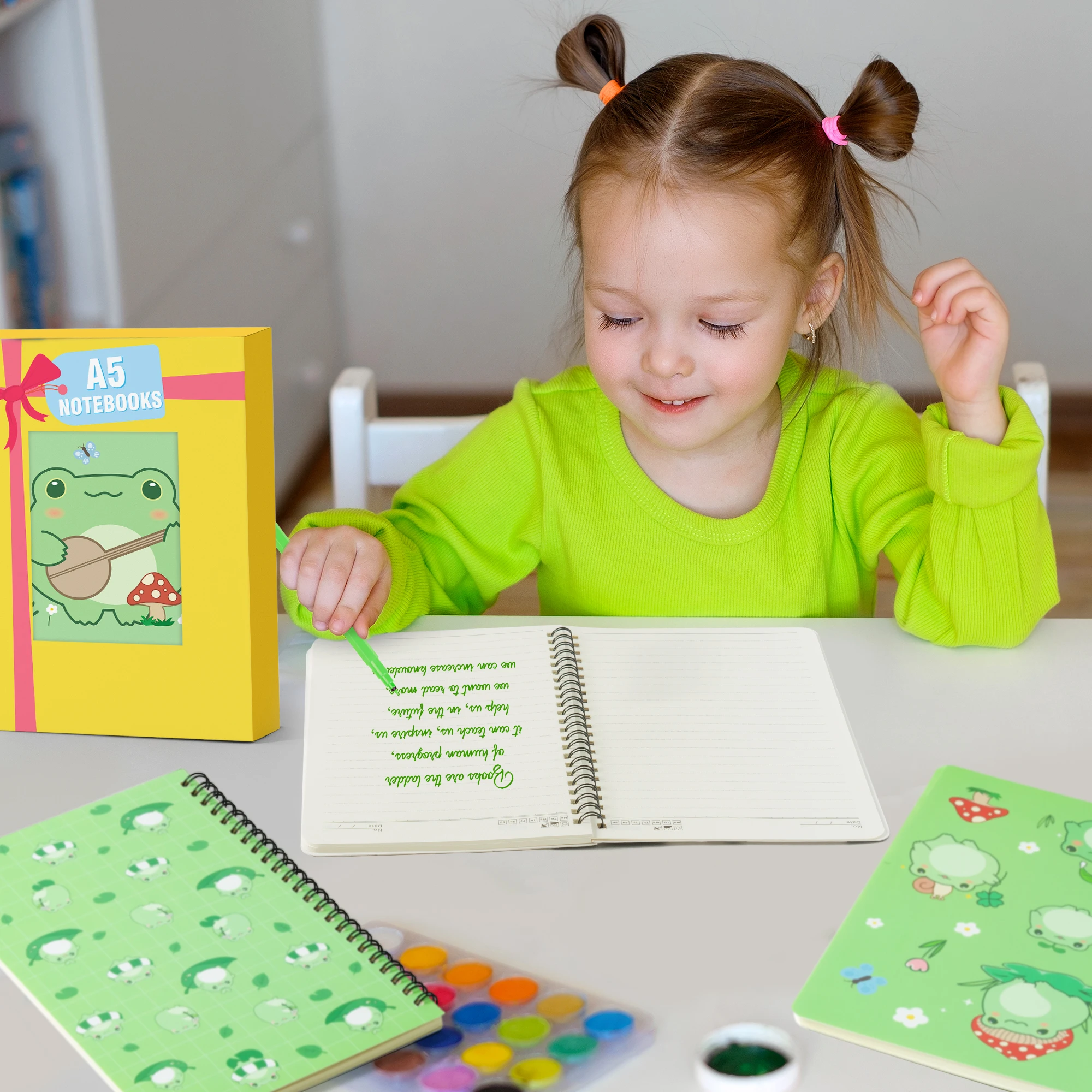 Notebook 4-piece set A5 Gift box Stationery back-to-school gift Writing Notepad Green inner cover eye protection coil This frog 4