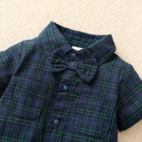 Newborn Baby Boy Jumpsuit Short Sleeves Plaid Gentleman Romper with Bow Tie Summer Fashion One Piece for Toddler 0-18Months 2