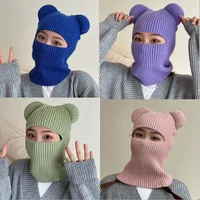 New Wome's Cute Full Face Cover Ski Mask Hat with Bear Ear Balaclava Knitted Hats Windproof Skullies Beanies Bonnet Winter Warm 1