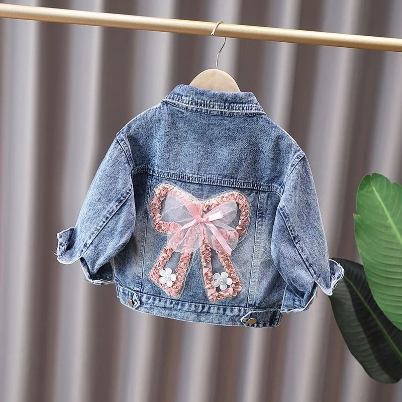 Girls' Denim Jacket with Cute Rabbit and Lace Bow Design