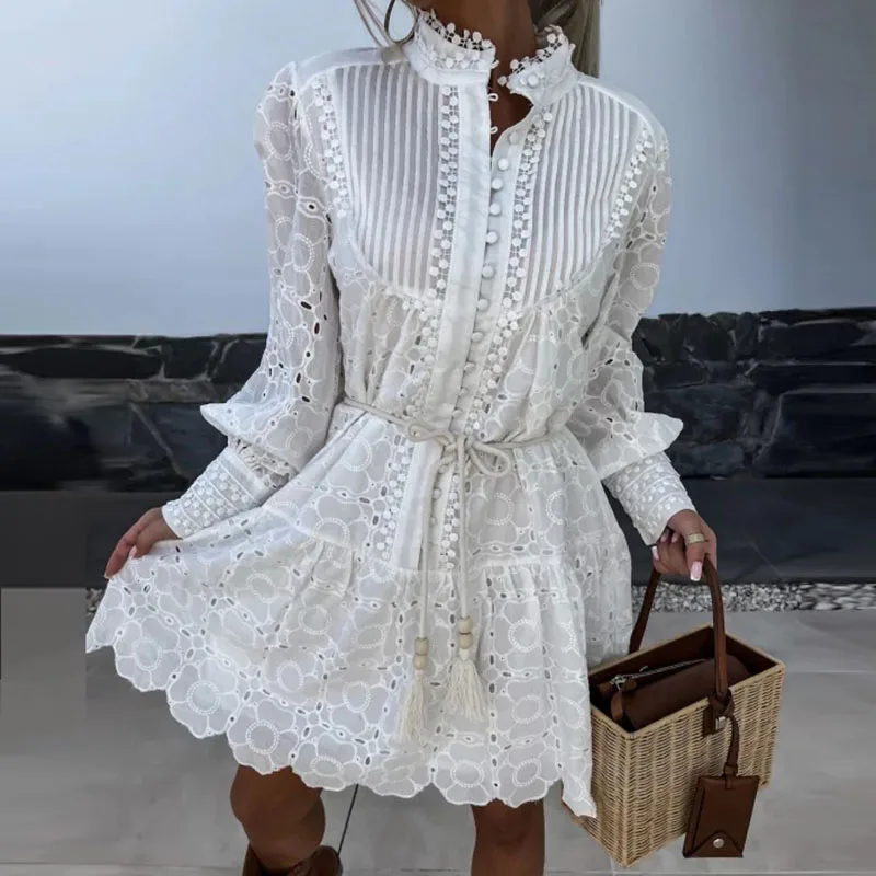

Spring Stand Neck Single-Breasted Simple Dress Fashion Jacquard Hollow Out A-Line Dress Ladies Solid Color Lace Splicing Dresses