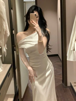 Summer French Slim Dress Women Casual Sleeveless Slant Shoulder Dress Evening Party Elegant One Piece Dress Korean Fashion 1