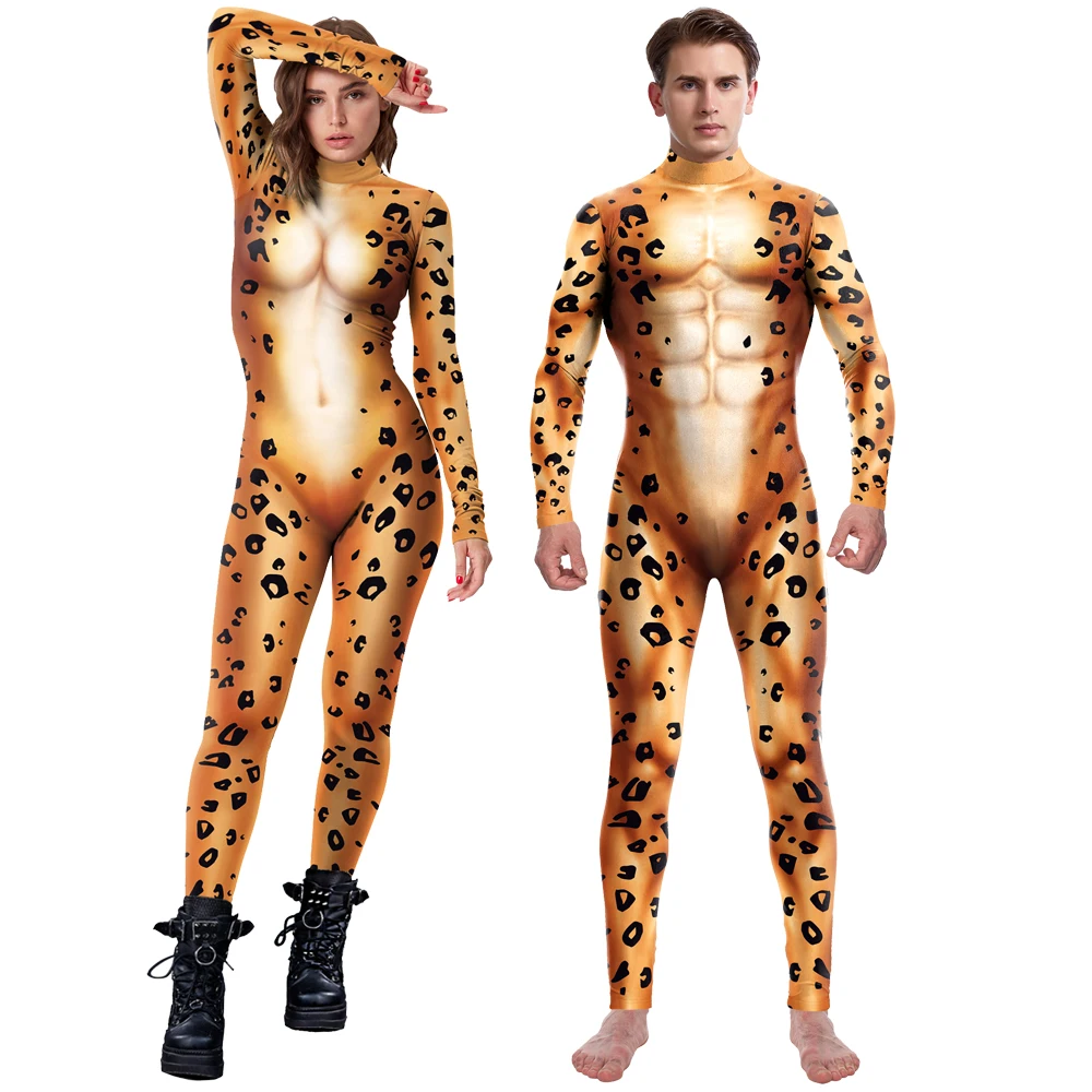 Cosplay Animal Women Long Sleeve Jumpsuit Leopard Pattern Bodysuits Halloween Purim Carnival Zentai Bodysuit Dress Up Outfits