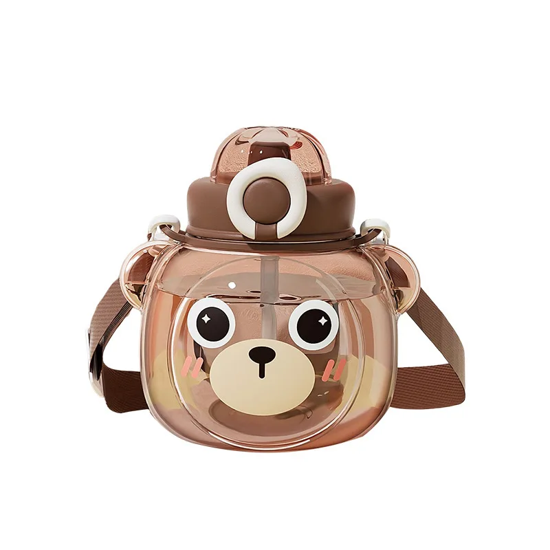 Niedlicher Cartoon-Bär Kinder-Wasserbecher aus Kunststoff, Kürbis-Becher, Becher mit Strohhalm, Doppelgetränk, großer Bauchbecher, Sport-Wasserkocher für Studenten_voghion.com